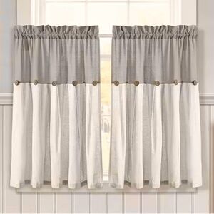 NWT Lush Decor, Linen Button Farmhouse Tier Curtain Set, Taupe and White